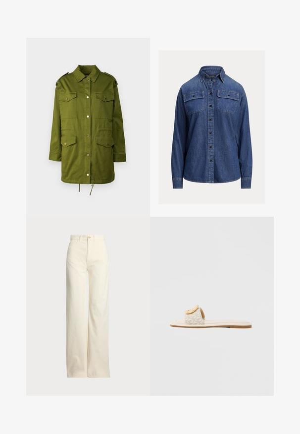 Grøn, langærmet militærstil jakke lavet af bomuld. Har to brystlommer, trykknapper, skulderstropper og snor i kanten.; Denim skjorte, dybblå farve, lange ærmer, knaplukning, to brystlommer med klapper, synlig syning, afslappet pasform.; Polo Ralph Lauren COTTON CORDUROY WIDE-LEG PANT - Bukser - warm white; Slidesandal med en beige rem med geometrisk mønster, en rundet gul detalje på overdelen og en flad, lys sål.