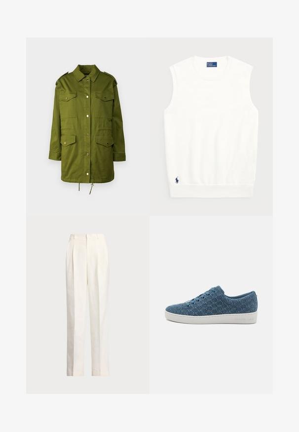 Green, long-sleeve military-style jacket made of cotton. Features two chest pockets, snap buttons, epaulets, and drawstring at the hem.; White sleeveless sweater made of smooth cotton, featuring a ribbed hem and a small navy logo on the bottom left. Simple design, no patterns.; Polo Ralph Lauren HEMP WIDE LEG PANT - Trousers - nevis; Blue textured canvas sneakers with a white rubber sole, featuring six blue eyelets and a logo on the heel. Designed in a low-top silhouette.