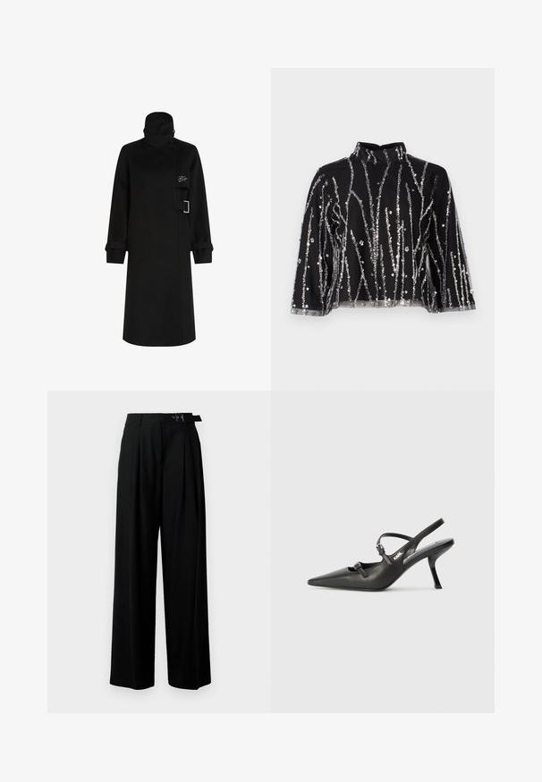 Juodas paltas su aukštu apykaklė, ilgomis rankovėmis su sukamu rankogaliu, šoniniu sagties akcentu ir elegantiška, tiesia siluetu.; Juodas trumpas viršus su aukštu kaklu, papuoštas sidabriniais blizgučiais vertikaliomis linijomis, permatomomis rankovėmis ir tekstūruotu audiniu.; Juodos plačios kojų kelnės su aukštu liemeniu, priekinėmis klostėmis ir diržu su sagtimi. Pagamintos iš lygaus, lengvo audinio.; Juodi odiniai slingback kulniukai su smailiu pirštu, siauru kulnu ir dekoratyvine sagtimi viršuje. Lygus paviršius ir elegantiškas dizainas.