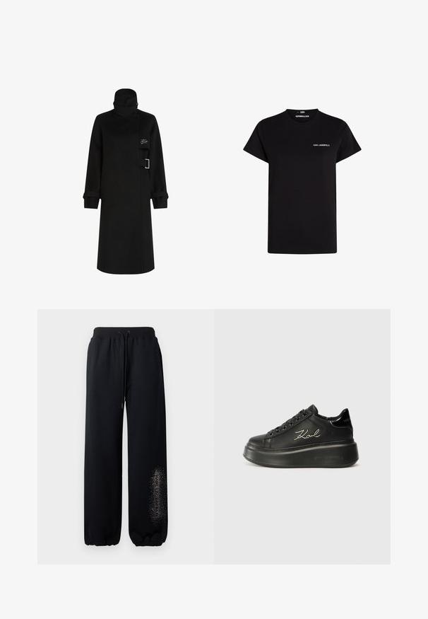 Casaco preto com colarinho alto, mangas longas com punhos dobrados, detalhe de fivela lateral e um silhouette elegante e reto.; T-shirt de algodão preto com mangas curtas e gola redonda. Apresenta um logótipo em branco em contraste no peito. Design simples e clássico.; Calças de treino pretas com cintura elástica, cordão e punhos franzidos. Apresenta um design de texto com brilhos na perna esquerda.; Tênis plataforma pretos com superior em couro liso, atacadores planos e o logótipo "Karl" bordado na lateral. Bico arredondado e sola espessa.