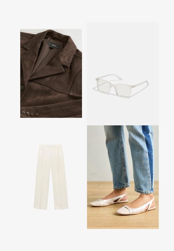 Brązowa zamszowa kurtka z klapami, z zapięciem na pojedynczy guzik i gładką podszewką. Posiada pięć guzików ozdobnych z przodu.; Biała bezrękawnik z dekoltem w kształcie drapowania, wykonana z gładkiego materiału, charakteryzująca się zwiewnym krojem i zaokrąglonym dołem.; Spodnie o szerokich nogawkach w jasnym kolorze kremowym. Wykonane z gładkiego materiału, z plisami z przodu i bocznymi kieszeniami.; Jasnoróżowe baleriny na odkrytej pięcie z wąskim noskiem, wykonane z gładkiego materiału imitującego skórę. Posiadają wycięcia po bokach oraz płaski obcas.; Przezroczyste, kwadratowe okulary z plastiku z półprzezroczystymi soczewkami, z złotymi akcentami na zausznikach dla dodatkowego wykończenia.