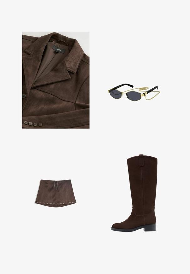 Ruskea mokkajakku, jossa on lovettu kaulus, yksittäinen napitus ja sileä vuori. Edessä viisi napin koristetta.; Valkoinen pitsihuivi, jossa on epäsymmetrinen muotoilu, teksturoidut kuviot, pehmeä kangas ja virtaava roso toisella puolella.; Ruskea tekonahkainen minihame, jossa on edessä nauhakiinnitys ja hopeiset niitit helman ympärillä. Sileä rakenne, A-linjainen muoto ja lyhyt pituus.; Ruskohvased nahast põlvini saapad, millel on ümar varvas, diskreetne õmblus ja madal blokknokk; ülaosas on mugav tõmbevahe, mis lihtsustab nende selga panemist.; Oktaaliset aurinkolasit tummilla linsseillä, kultaisilla metallikoristeilla ja mustilla muovivarsilla; mukana irrotettava kultaketju.