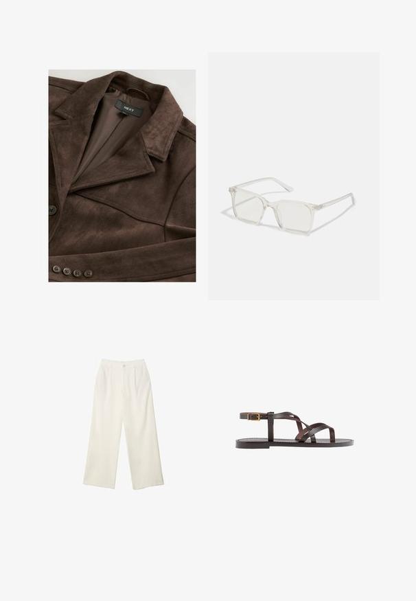 Smeđa suknjena jakna s izrezanom kragnom, zatvaranjem na jedan gumb i glatkom unutarnjom podstavom. Ima pet gumba kao ukrase duž prednje strane.; Bijela bezrukavna majica s V-izrezom, s crnim trakama i detaljem srebrnog prstena. Glatka tkanina i moderan, minimalistički dizajn.; Hlače širokih nogavica od kremaste tkanine s glatkom teksturom, s jednim prednjim gumbom, suptilnim plitvicama i visokim strukom.; Smeđe kožne sandale s iskrižanim trakama, umetkom za zapešće s kopčanjem i ravnim potplatom s minimalnim detaljima šivanja.; Prozirne plastične naočale kvadratnog okvira s prozirnim lećama, koje sadrže zlatne akcentne detalje na drškama.