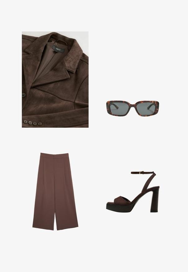 Brun ruskindjakke med notched krave, enkelt knaplukning og glat inderside. Har fem knapdetaljer over fronten.; Lys beige kortærmet t-shirt med rund halsudskæring, lavet af blødt, glat stof. Har en afslappet pasform og lige forneden.; Brune bredbunde bukser med en glat tekstur, der har høj talje og plisseringer foran. Stoffet er let og falder løst.; Brune ruskinds højhælede sandal med åben tå, justerbar ankelrem og en stribet plade sål.; Skildpaddedesolbriller med rektangulære linser, tykke stel og mørkt tonede linser. Glat tekstur og minimalistisk design.