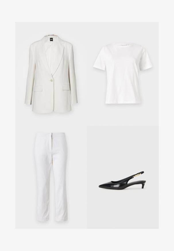 Blazer blanc avec revers crantés, fermeture à un bouton, deux poches avant et un tissu lisse au silhouette structurée.; T-shirt en coton blanc à manches courtes, col rond et coupe décontractée. Texture lisse, sans motifs ni accents, design minimaliste.; Pantalons en coton blancs avec une coupe droite, dotés d'une taille mi-haute et sans matériel ou motifs visibles. Texture lisse sur l'ensemble.; Talons hauts en cuir noir avec un bout pointu, dotés d'un talon fin et d'un accent en ton or sur la lanière réglable. Texture lisse.