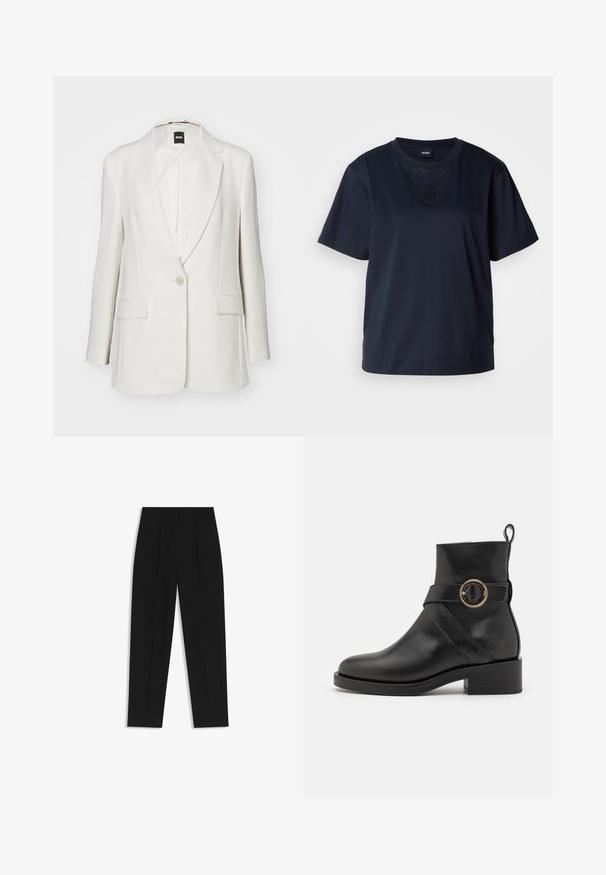 White blazer featuring notched lapels, a single button closure, two front pockets, and smooth fabric with a structured silhouette.; Navy blue short-sleeve t-shirt made of soft cotton. Features a rounded neckline and a subtle embroidered logo on the chest.; Black trousers with a straight fit, featuring double pleats, a smooth texture, and a classic waistband design. No visible hardware or accents.; BOSS IRYNA BOOTIE - Platform ankle boots - black