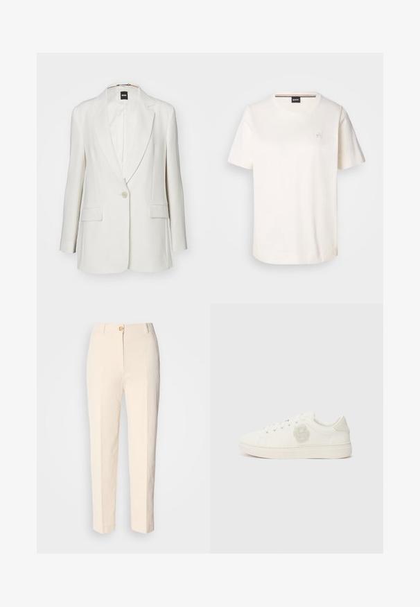 Fehér blézer, amely kiemelt hajtókákkal, egygombos záródással, két elülső zsebbel és sima anyaggal rendelkezik, amely jól strukturált sziluettet ad.; Fehér pamut póló rövid ujjakkal, kerek nyakkivágással és egy kis logóval a mellkason. Simaszerű textúra és egyenes szegély.; Krém színű, magas derekú nadrág, textúrált anyagból készült. Elülső gombos záródással és keskeny lábakkal rendelkezik.; Fehér sneaker sima bőr felsőrésszel, kerek orral, lapos fűzőkkel, és egy textúrázott logóval az oldalon. Gumi talp minimális bordázattal.