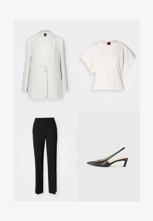 Balta švarkas su įpjovomis atlapais, viena sagte, dviem priekinėmis kišenėmis ir lygia medžiaga, turinčia struktūrizuotą siluetą.; Baltas trumpas marškinėliai, plačios trumpomis rankovėmis, minkšta medvilnė, apvali kaklo iškirptė su subtiliu oranžiniu apvadu, minimalus dizainas, be raštų ar grafikų.; Juodi pritaikyti kelnių modeliai su tiesiomis kojomis, pasižyminčios lygiomis tekstūromis ir ryškiomis klostėmis priekyje. Nėra matomų detalių.; Juodas smailus slingback batelis su žemu kulnu, pagamintas iš lygaus odos paviršiaus ir su išpjovomis šone, užtikrinančiomis oro pralaidumą.