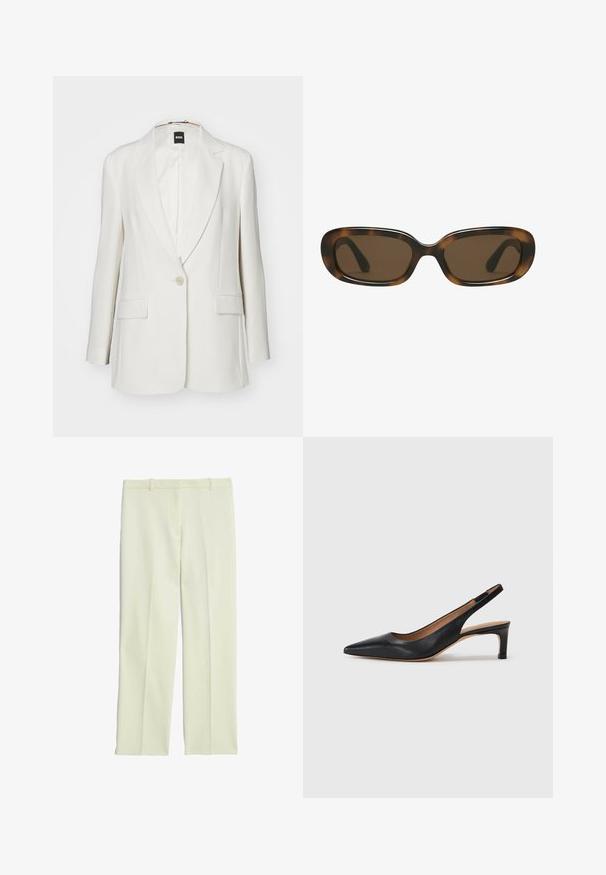 White blazer featuring notched lapels, a single button closure, two front pockets, and smooth fabric with a structured silhouette.; Plain white short-sleeve crew neck t-shirt with a slim fit, displayed flat against a white background.; Cream-colored tailored trousers with a straight-leg design, featuring a flat front, belt loops, and a smooth texture.; Black leather slingback pump with a pointed toe, low heel, and a smooth texture. Features a thin adjustable strap for a secure fit.; Tortoiseshell sunglasses with a smooth, rounded rectangular frame and brown lenses. Features thin, curved arms with a glossy finish.