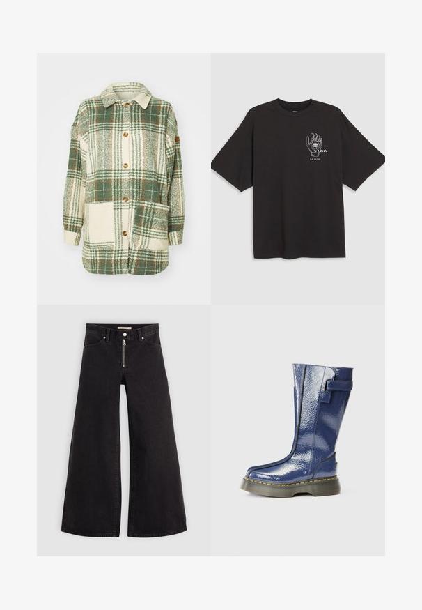 Chaqueta de cuadros verde y crema, de corte oversize, con cuello, botones, dos bolsillos frontales y puños acanalados. Textura suave y ajuste relajado.; Camiseta de algodón negra con mangas cortas, que presenta un gráfico de una mano y el texto "Levi's LA LUNE" en blanco en la zona superior izquierda del pecho.; Jeans de pierna ancha en denim negro con cierre frontal, diseño de cinco bolsillos y detalles de costura sutiles. Textura suave y estilo casual.; Bota azul, brillante, hasta la rodilla, con punta redonda, cremallera lateral y detalles de costura vertical. Presenta una suela de plataforma gruesa y negra con costura amarilla.