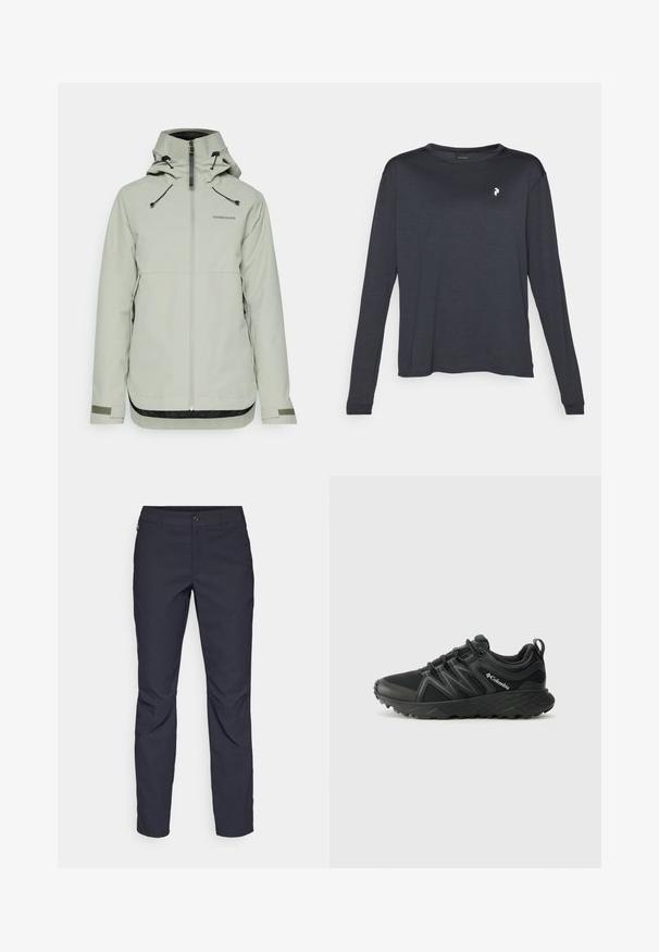 Casaco impermeável cinza claro com gola alta, fecho frontal com zíper, cordões ajustáveis e detalhes texturizados em preto na bainha e nas mangas.; T-shirt de manga longa escuro feito de tecido texturizado, com gola redonda e um pequeno logotipo branco na área do peito esquerdo.; Calças azul-marinho feitas de tecido liso, com fecho frontal em botão, design slim-fit e detalhes pregueados nos joelhos.; Columbia PEAKFREAK - Sapatos de caminhada - black