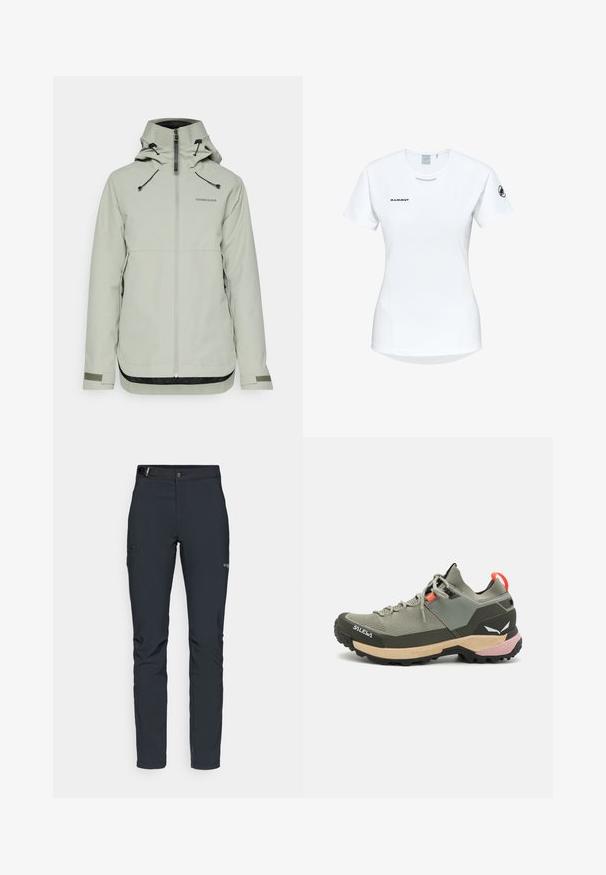 Veste imperméable gris clair avec un col haut, fermeture éclair à l'avant, cordons ajustables et accents texturés noirs au niveau de l'ourlet et des manches.; T-shirt de sport à manches courtes, blanc, avec un col rond, arborant un logo sur la poitrine et une texture de tissu lisse et léger.; Pantalons de plein air pour hommes, gris foncé, fabriqués en matériau flexible, dotés d'une ceinture, de poches zippées et de coutures renforcées.; Chaussure de randonnée légère verte avec des matériaux en mesh et en caoutchouc, semelle extérieure noire antidérapante, accents roses et oranges, et capuchon renforcé.