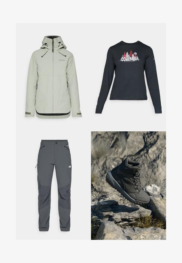 Giacca impermeabile grigio chiaro con colletto alto, zip frontale, cordini regolabili e dettagli neri testurizzati all'orlo e alle maniche.; Maglietta a maniche lunghe grigia scura con una grafica di alberi rossi e montagne; logo "COLUMBIA" in caratteri bianchi in grassetto. Tessuto morbido, scollatura a girocollo standard.; Pantaloni outdoor grigio scuro con toppe rinforzate sulle ginocchia, tasche laterali e frontali con zip, chiusura con bottone e logo The North Face sulla coscia.; Stivale da trekking grigio scuro realizzato in materiale sintetico, con colletto imbottito, occhielli in metallo e suola in gomma testurizzata per una migliore aderenza.