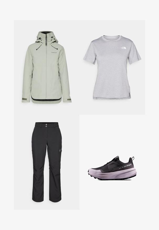 Hellgraue wasserdichte Jacke mit hohem Kragen, Frontreißverschluss, verstellbaren Kordelzügen und strukturierten schwarzen Akzenten am Saum und an den Ärmeln.; Graues T-Shirt mit kurzen Ärmeln aus weichem, feuchtigkeitsableitendem Stoff. Hat einen Rundhalsausschnitt und ein kleines weißes Logo auf der oberen linken Seite.; Schwarze Outdoor-Hosen mit geradem Schnitt, Knopfverschluss, seitlichen Reißverschlusstaschen und einem Logo-Patch auf dem linken Oberschenkel.; Schwarzer und lila Trailrunning-Schuh mit strukturiertem Obermaterial, gepolsterter Sohle und auffälligem Logo. Verfügt über ein Schnürdesign und langlebiges Profil.