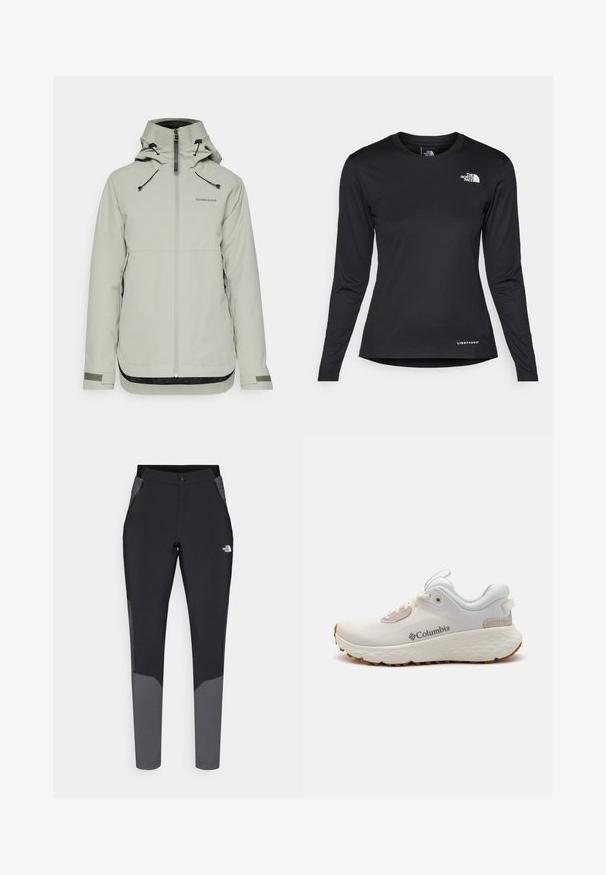 Lys grå vandtæt jakke med høj krave, forreste lynlås, justerbare snore og strukturerede sorte accenter ved kanten og ærmerne.; The North Face SHADOW LONG SLEEVE - Langærmet T-shirt - black; Sorte udendørsbukser med grå detaljer, der har et tætsiddende design, elastisk talje, lynlåslommer og holdbart, letvægtsmateriale.; Letvægts Columbia atletiksko i hvid mesh med en struktureret grå sål og gummitræk. Har en polstret krave og snørebåndsdesign.