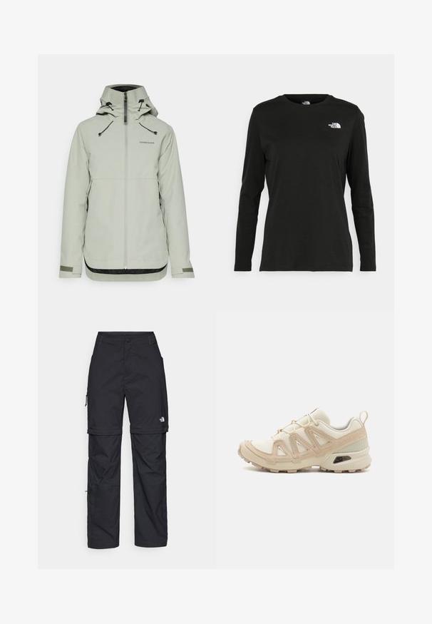 Jasnoszary wodoodporny płaszcz z wysokim kołnierzem, zamek błyskawiczny z przodu, regulowane troczki oraz strukturalne czarne akcenty na dolnym brzegu i rękawach.; Czarna koszulka z długim rękawem z bawełny z okrągłym dekoltem. Posiada niewielkie białe logo po lewej stronie na piersi. Prosty design i fason.; Czarne nylonowe spodnie cargo z odpinanymi nogawkami, regulowanymi mankietami, wieloma kieszeniami oraz logo na prawej nogawce. Gładka, lekka tekstura.; Beżowe i kremowe buty sportowe z teksturowanej siateczki, wspierającymi nakładkami oraz gumową podeszwą z wzorem bieżnika zapewniającym przyczepność.