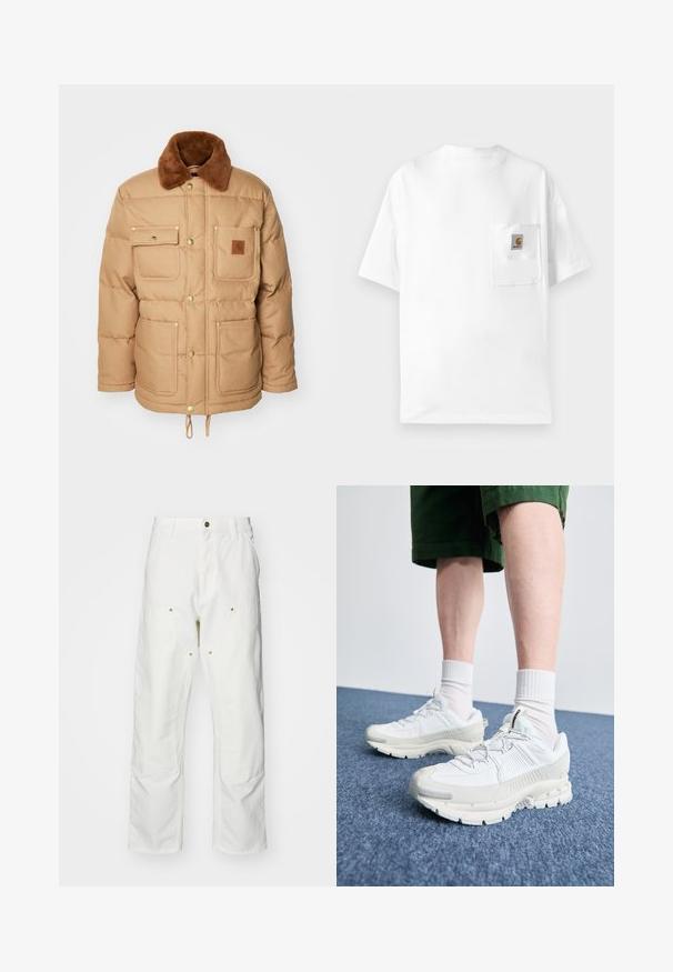 Bruine pufferjack met een bruine neplederen kraag, twee borstzakken en twee lagere zakken. Voorzien van goudkleurige hardware en een trekkoord aan de onderzijde.; Witte katoenen T-shirt met een ronde hals, korte mouwen en een borstzak met een logo-patch. Minimalistisch ontwerp en naadloze textuur.; Witte katoenen cargobroeken met een relaxte pasvorm. Kenmerken zijn onder andere voorzakken, gouden hardware accenten en versterkte kniezones.; Witte sportieve schoenen met textuuroverlays, een dikke zool en grijze accenten. Draag ze met witte crew-sokken en groene shorts op een blauwe ondergrond.