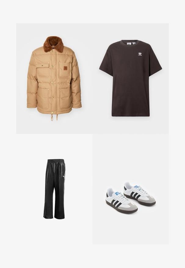 Pruun puhvjakkk, millel on pruun faux karusnaha krae, kaks rinnaTaskut ja kaks alumist taskut. Omab kuldset riistvara ja nööriga hemmi.; Tumepruun puuvillane T-särk lühikeste varrukatega, ümar kaelus ja valge Adidas logo vasakul rinnal. Lihtne, mugav lõikekujundus.; Mustad sünteetilised spordipüksid mustas värvuses, elastse vöökohaga, valgete külgmiste triipudega ja vasakul puusal väikese valge logoga.; Spordijalatsid valge nahkpealsega, halli nubuk-naha otsaga ja kolme musta triibuga. Omab sinist logo keele peal ja struktureeritud kummitalda.