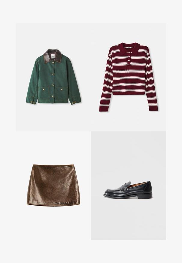 Grön canvasjacka med brunt läderkrage, med guldknappar, två framfickor och kontrasterande sömdetaljer.; Burgundy långärmad polotröja med vita horisontella ränder, med en krage och tre knappar fram. Mjuk textur.; Brun metallisk minikjol med en slät, glänsande yta. Har en enkel design och rena linjer, med en rak fåll nederst.; Svarta läderloafer med rund tå, sömdekor och en slät yta. Har låg klack och är lätt att ta på.