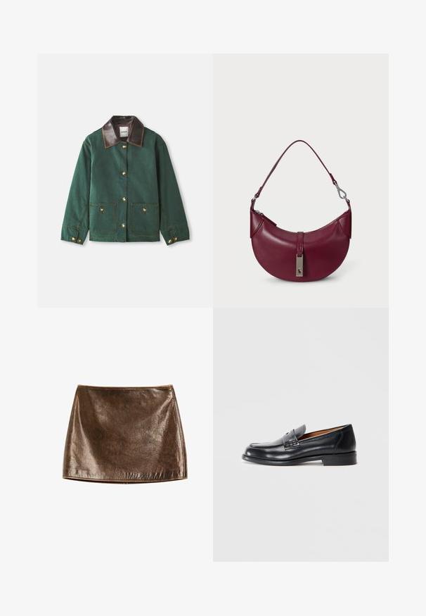 Green canvas jacket with brown leather collar, featuring gold button closures, two front pockets, and contrasting stitching details.; Burgundy long-sleeve polo sweater with white horizontal stripes, featuring a collared neckline and three buttons at the front. Soft texture.; Brown metallic mini skirt with a smooth, shiny texture. Features a simple design and clean lines, with a straight hem at the bottom.; Black leather loafer with a rounded toe, stitched detailing, and a smooth texture. Features a low heel and slip-on design.; Burgundy leather handbag with a curved design, a top zipper closure, and a silver hardware accent featuring a brand logo.