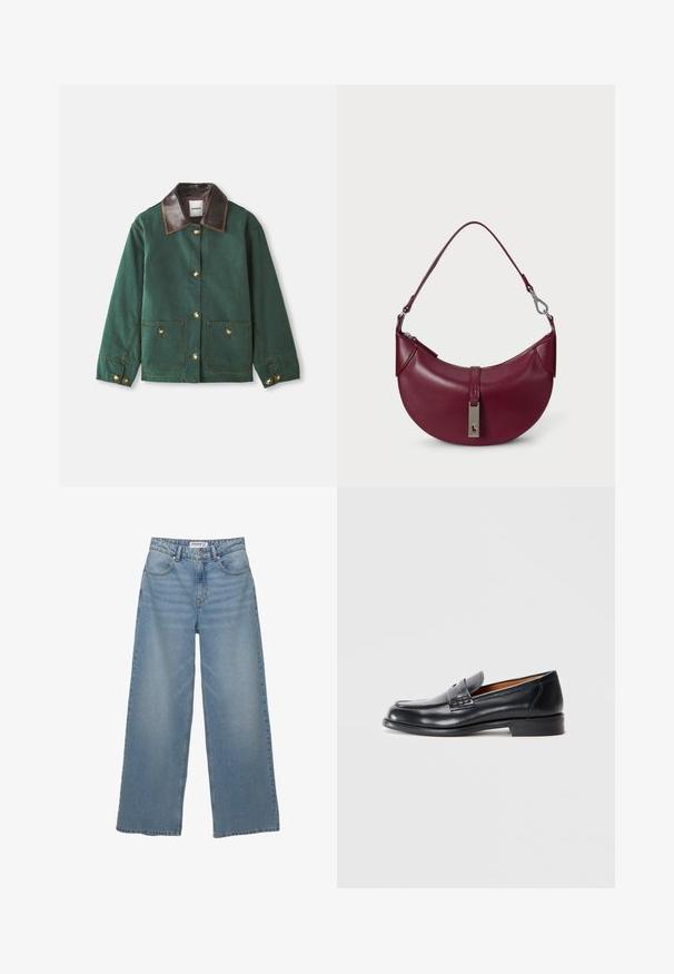 Vihreä kanva jacket, jossa on ruskea nahkakaulus, kultaiset napit, kaksi etutaskua ja kontrastiväriset ompeluyksityiskohdat.; Burgundi pitkähihainen pikeepaita, jossa on valkoisia vaakaraitoja, varustettuna kauluksella ja kolmonen napin etuosassa. Pehmeä materiaali.; Vaaleansiniset leveälahkeiset farkut, valmistettu denimistä. Ominaisuuksiin kuuluu korkea vyötärö, viisi taskua ja suora leikkaus, jolla on vähäistä haalistumista.; Mustat nahkaloafereissa on pyöreä varvas, ommeltuja yksityiskohtia ja sileä pinta. Niissä on matala kanta ja ne on helppo pujottaa jalkaan.; Burgundi-nahkahandbag, jossa on kaareva muotoilu, ylhäällä oleva vetoketjukiinnitys ja hopeinen varuste, jossa on brändilogo.