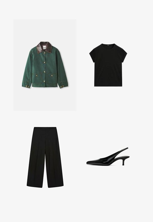 Grüne Canvas-Jacke mit braunem Lederkragen, ausgestattet mit goldenen Knopfverschlüssen, zwei Fronttaschen und kontrastierenden Nähten.; Schwarzes kurzärmeliges T-Shirt mit Rundhalsausschnitt und geradem Saum, flach auf einem weißen Hintergrund präsentiert.; Schwarze, weit geschnittene Hosen aus weichem Stoff, mit hohem Bund und Falten, die eine glatte Textur und keine sichtbaren Verzierungen aufweisen.; Schwarzer Slingback-Schuh mit spitzem Zehenbereich, glänzender Lederoberfläche und dünnem, niedrigem Absatz. Verfügt über einen Ausschnitt an der Seite für Atmungsaktivität.