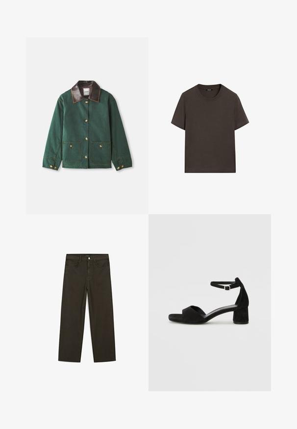 Grøn lærredjakke med brun læderkrave, der har guld knaplukninger, to frontlommer og kontrasterende syninger.; Mørkebrun bomulds t-shirt med korte ærmer, rund halsudskæring og en glat tekstur. Har ingen mønstre eller grafikker.; Mørkegrønne brede jeans lavet af en bomuldsblanding, med en frontlukning med knap, fem lommer og klassisk denim-syning.; Sorte ruskind hælede sandaler med en tynd ankelsnor, åben tå design og en beskeden blokhæl. Glat tekstur og minimale detaljer.