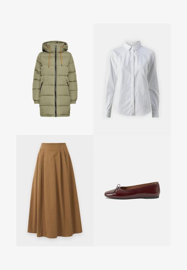 Olivově zelená vycpaná bunda s kapucí, černým zipem a oranžovými detaily na šňůrkách. Obsahuje dvě boční kapsy a elastické manžety.; Bílá košile na knoflíky vyrobená z hladké bavlny, s klasickým límcem, dlouhými rukávy a zakřiveným spodním lemem. Knoflíky jsou malé a bílé.; Hnědá bavlněná sukně ve stylu A s vysokým pasem, se sklady na přední straně a hladkou texturou. Lemování je čisté a jednoduché.; Burgundské lakové baleríny s kulatou špičkou, malou mašlí vpředu a nízkou černou gumovou podrážkou. Hladký povrch.