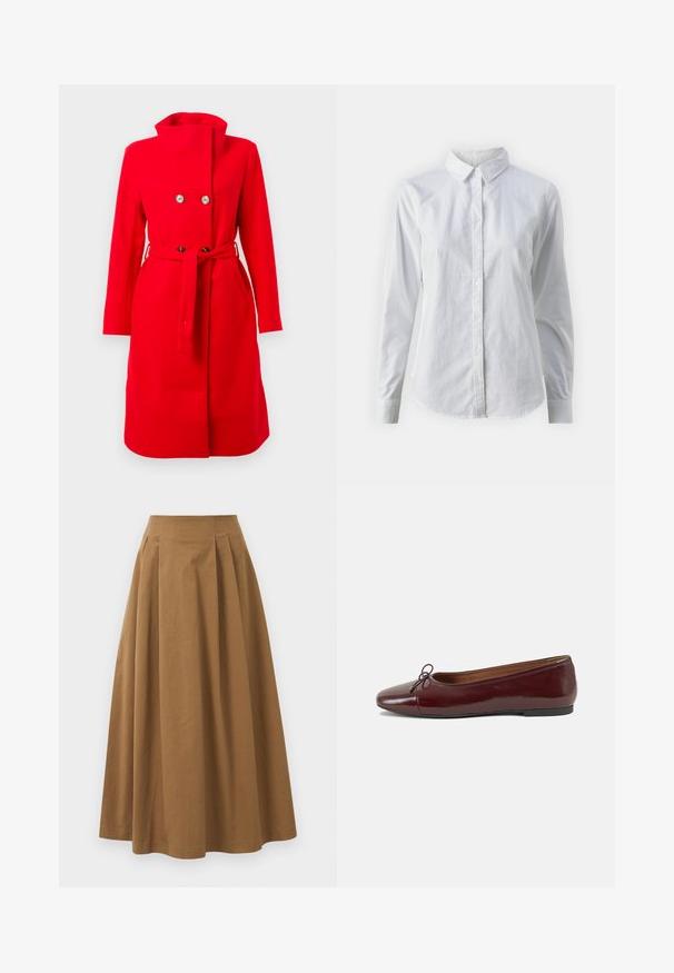 Sarkans dubultā krūšu mētelis ar augstu apkakli, jostotu vidukli un divām priekšējām kabatām. Izgatavots no gluda auduma ar tīru siluetu un minimālu detalizāciju.; Balta pogājamā krekla augšdaļa, izgatavota no gluda kokvilnas, ar klasisku apkakli, garām piedurknēm un izliekto apakšmalu. Pogas ir mazas un baltas.; Brūna kokvilnas A formas svārki ar augstu jostasvietu, kurai priekšā ir krokas un gluda tekstūra. Apakšmala ir tīra un vienkārša.; Burgundijas laku ādas baleta kurpes ar noapaļotu purngalu, nelielu loku akcentu priekšā un zemu melnu gumijas zoli. Gluda tekstūra.