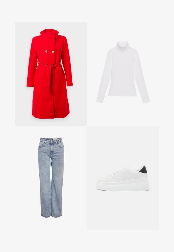 Rode dubbelbreasted jas met hoge kraag, ceintuurlijke taille en twee voorzakken. Gemaakt van gladde stof met een strakke silhuet en minimale details.; Witte lange mouw turtleneck top gemaakt van glad, elastisch materiaal. Voorzien van een hoge kraag en een getailleerd ontwerp, zonder zichtbare patronen of versieringen.; Lichtblauwe wijde jeans gemaakt van denim, met een hoge taille, vijf zakken en subtiele vervaging voor een versleten uitstraling.; Witte platform sneakers van glad synthetisch materiaal, met een afgeronde neus, vetersluiting en een gestructureerde rubberen zool. Zwarte hielaccent.