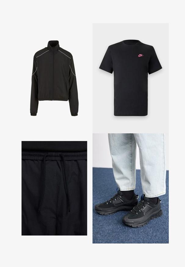 Crna lagana jakna s visokim ovratnikom i zatvaranjem na patentni zatvarač. Ima elastične manšete i bijele naglasne linije duž ramena. Glatka tekstura.; Crna pamučna majica s okruglim izrezom i kratkim rukavima. Ima ružičasti Nike logo na gornjoj lijevoj strani. Glatka tekstura.; Crne kratke hlače s pojasom na vezanje, lagani materijal s glatkom teksturom i jednostavan dizajn bez vidljivih logotipa ili uzoraka.; Crne atletske cipele s teksturiranom tkaninom i gumene potplate, s elastičnim vezicama i plavim akcentom na peti. Nosene su s svijetlim trapericama.