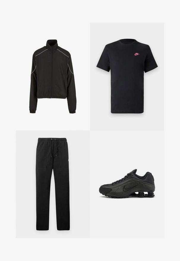 Black lightweight jacket with a high collar and zip closure. Features elastic cuffs and white accent lines along the shoulders. Smooth texture.; Black cotton t-shirt with a round neckline and short sleeves. Features a pink Nike logo on the upper left side. Smooth texture.; Black sweatpants made of fleece, featuring an elastic waistband with drawstrings, two front pockets, and a small logo on the thigh.; Black running shoes featuring a smooth synthetic upper, perforated accents, textured side panels, and a distinct springy sole.