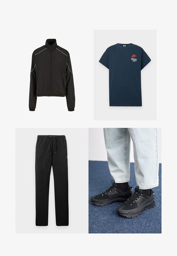 Jachetă ușoară neagră cu guler înalt și închidere cu fermoar. Include manșete elastice și linii albe de accent pe umeri. Textură netedă.; Tricou din bumbac bleumarin, cu mâneci scurte. Prezintă un logo Nike roșu și text alb "NUMAI PENTRU PERSONAL AUTORIZAT" pe partea stângă a pieptului.; Pantaloni de trening negri din fleece, cu talie elastică și șnururi, două buzunare frontale și un logo mic pe coapsă.; Pantofi sport negri, cu țesătură texturată și tălpi din cauciuc, având șireturi elastice și un accent albastru pe toc. Purtați cu pantaloni din denim deschis.