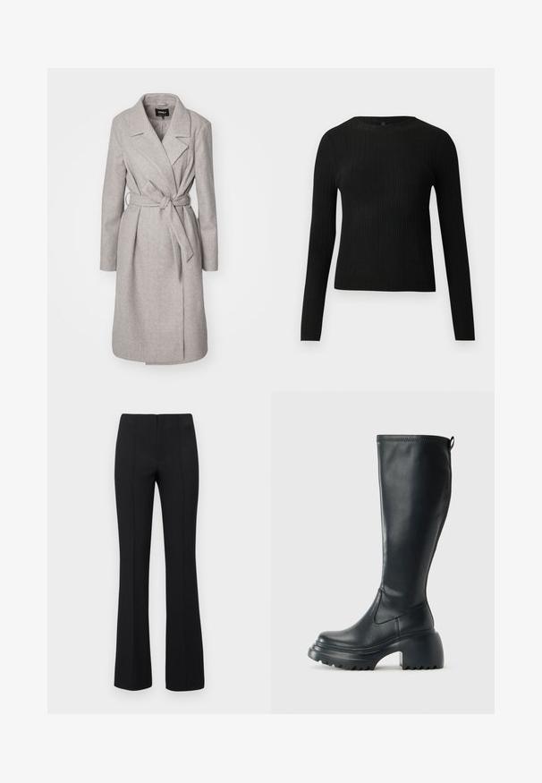 Cappotto in misto lana grigio chiaro con maniche lunghe, vita con cintura, colletto a scollo a V e due tasche frontali. Presenta una texture liscia e morbida.; Maglione fitted a maniche lunghe nero a costine con scollo rotondo, esposto su uno sfondo chiaro e semplice.; Pantaloni neri a zampa d'elefante con una texture a coste e vita aderente. Il design presenta cuciture verticali per un aspetto snello. Nessun hardware visibile.; Stivale lungo in pelle nera con suola piatta robusta e tacco a blocco, dotato di linguetta e battistrada testurizzato sulla suola.