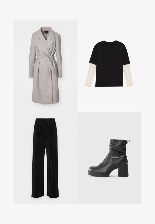 Manteau en mélange de laine gris clair avec des manches longues, une taille ceinturée, un col à revers et deux poches avant. Présente une texture lisse et douce.; T-shirt noir en coton, avec des manches courtes sur une couche à manches longues blanche avec un motif texturé subtil. Col rond.; Pantalons plissés noirs avec une taille élastique. Présente des jambes larges et un tissu lisse texturé avec des rayures verticales.; Bottes noires à la cheville en cuir lisse, dotées d'une fermeture éclair sur le côté, d'un talon épais texturé et d'une conception à bout rond.
