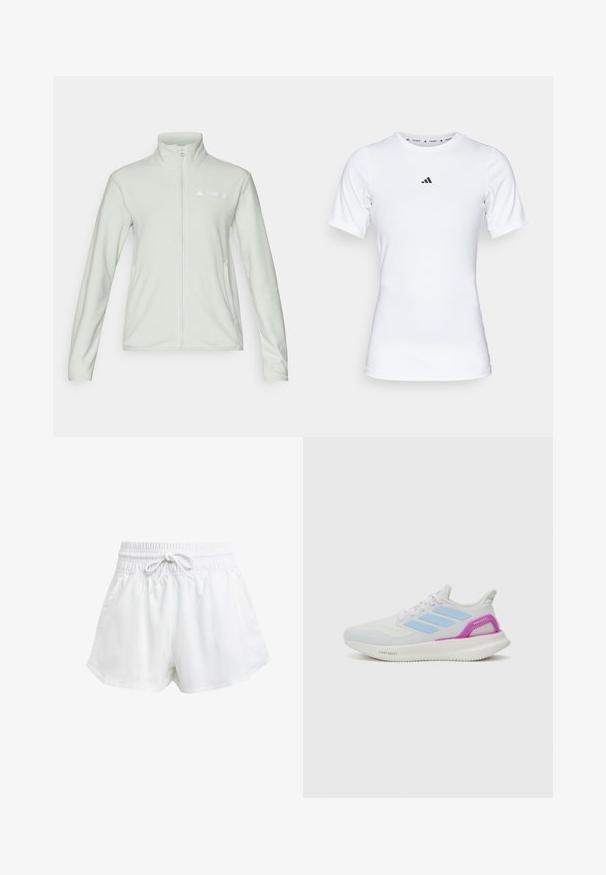 Light green fleece jacket with a high collar, full zipper, and logo on the left side. Smooth texture, featuring long sleeves and side pockets.; White athletic shirt with short sleeves, made of smooth, stretch fabric. Features a small black Adidas logo on the chest.; White athletic shorts with an elastic waistband and adjustable drawstring. Made from lightweight material, featuring side pockets and a loose fit.; adidas Performance PUREBOOST 5 - Road running shoes - white/glow blue/purple burst