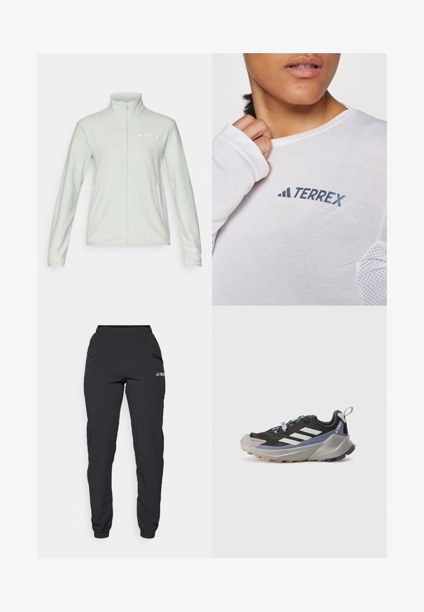 Világos zöld polárdzseki magas gallérral, teljes cipzárral és bal oldalon lévő logóval. Simas texture, hosszú ujjak és oldalsó zsebek jellemzik.; Fehér, hosszú ujjú ing, kék "TERREX" logóval. Az anyag könnyű, texturált hálós díszítésekkel a vállakon.; Fekete vízálló nadrág rugalmas derékkal, cipzáras oldalsó zsebekkel, keskenyebb lábakkal és bordázott mandzsettával a bokán. Logós díszítéssel rendelkezik.; Fekete sportcipő Gore-Tex felsőrésszel, fehér csíkokkal, lila részletekkel, vastag szürke középtalppal és textúrált szürke talppal a tapadásért.
