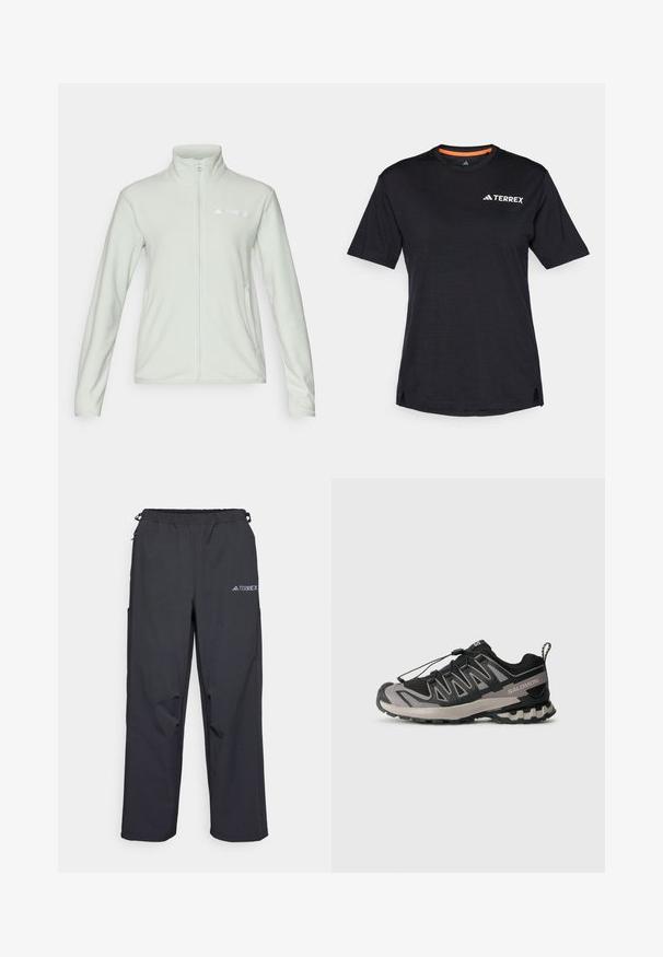Svetlozelen kroj iz flisa z visokim ovratnikom, polnim zadrgo in logotipom na levi strani. Gladka tekstura, dolgi rokavi in stranske žepe.; Črna kratkosleča majica s krocnim ovratnikom, ki ima subtilno heather teksturo in belo "TERREX" logo na zgornji levi strani.; Črne lahke hlače za prosti čas z elastičnim pasom, stranskimi žepi in logotipom na zgornjem desnem stegnu. Gladka, vodoodbojna tkanina.; Črne in sive športne čevlje z mrežasto zgornjim delom, gumijastim podplatom in elastiko za vezalke. Imajo ojačan prst in teksturirane detajle.