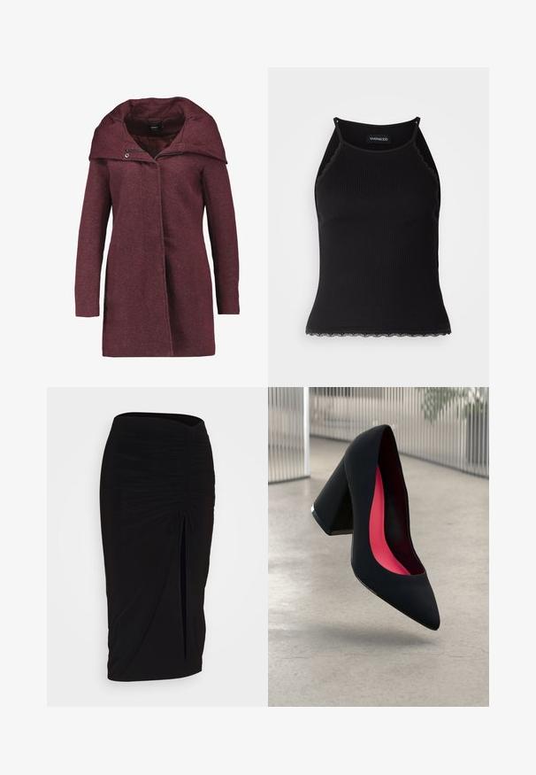 ONLY ONLSEDONA OTW - Halflange jas - chocolate truffle/melange; Zwarte geribbelde tanktop met een scallooped kanten rand aan de onderkant. Heeft dunne bandjes en een aansluitend ontwerp. Gemaakt van rekbare stof.; Zwarte, gerimpelde kokerrok met strikdetail en een zijsplit. Gemaakt van een rekbaar stof, met een soepele textuur en een aansluitend ontwerp.; Zwarte hoge hak met een spitse neus, textuur op het oppervlak en een opvallend roze interieur. Beschikt over een chunky hak met zilveren accent.