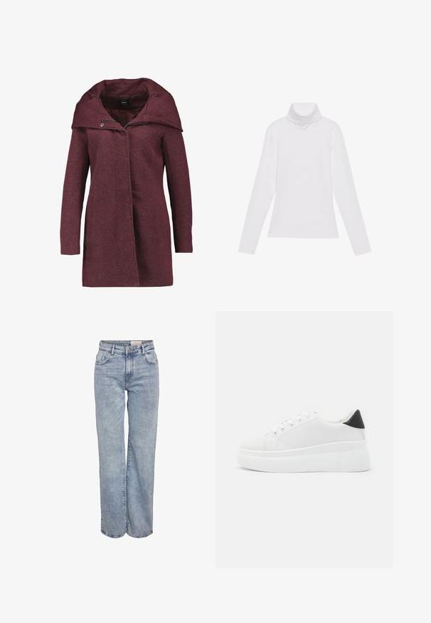 ONLY ONLSEDONA OTW - Krátký kabát - chocolate truffle/melange; Bílý dlouhý rukáv rolák vyrobený z hladkého, elastického materiálu. Má vysoký límec a přiléhavý střih, bez viditelných vzorů nebo ozdob.; Světle modré široké džíny vyrobené z denimové tkaniny, s vysokým pasem, designem se šesti kapsami a jemným zesvětlením pro opotřebovaný vzhled.; Bílé platformové tenisky vyrobené z hladkého syntetického materiálu, s kulatou špičkou, šněrováním a texturovanou gumovou podrážkou. Černý akcent na patě.