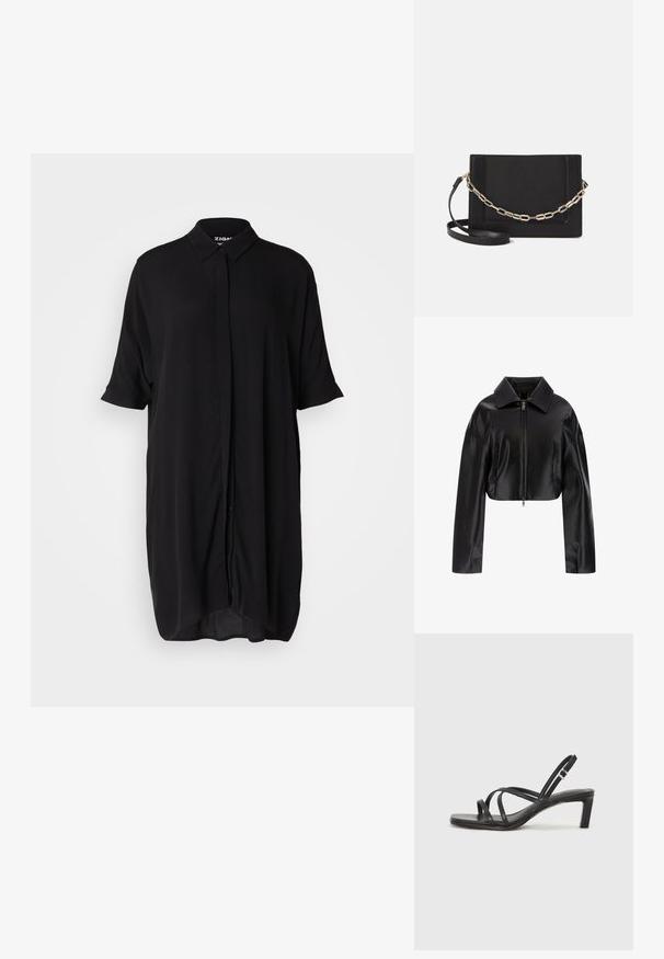 Juodas trumpas odinis švarkas su smailiu apykakle, priekyje užtrauktukas ir dvi šoninės kišenės. Lygus paviršius su blizgiu apdaila.; Juoda trumpa rankovė suknelė, pagaminta iš lengvos medžiagos. Yra apykaklė, sagčių priekis ir laisvas, pailgas siluetas.; Juodi šlepetės su kvadratiniu pirštu ir žemu bloku kulnu. Yra keli ploni dirželiai ir reguliuojamas kulkšnies diržas. Pagaminti iš lygios odos.; Juodas odinis per petį nešiojamas krepšys turi lygų paviršių, stačiakampio formą ir metalinę grandinėlę priekyje. Pridedama reguliuojama dirželis.