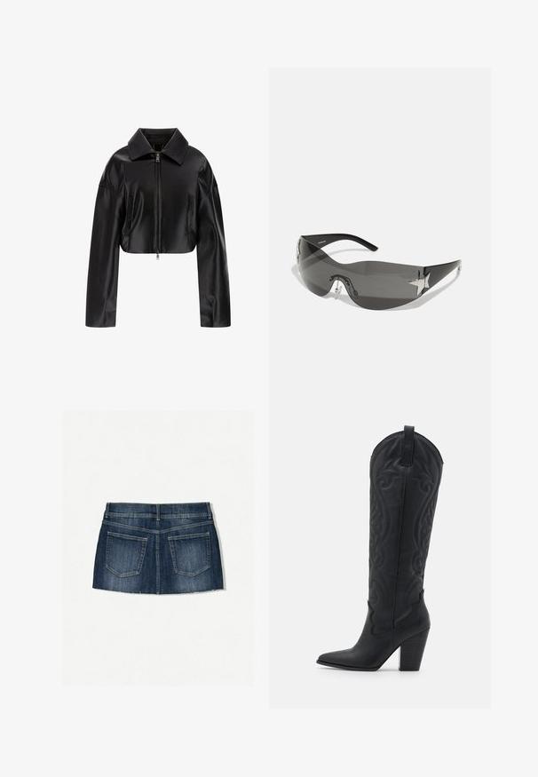 Zwarte cropped leren jas met een puntige kraag, ritssluiting aan de voorkant en twee zijzakken. Gladde textuur met een glanzende afwerking.; Bloemige mesh tanktop in roze, paars en groene tinten. Heeft zwarte kanten bandjes en kleurrijke strasstenen versieringen aan de voorkant.; Denim mini-jurk met een donkerblauwe wassing, vijf-pocket ontwerp, rafelige zoom en een slim fit met een platte tailleband.; Zign Cowboy-/Bikerlaarzen - black; Zwarte zonnebril met een wrap-around ontwerp, donkergetinte glazen, glanzende stervormige accenten en verstelbare neussteunen.; Zwarte leren schoudertas met een gestructureerde afwerking, voorzien van een kettingaccent, een verstelbare schouderband en zilverkleurige hardwaredetails.