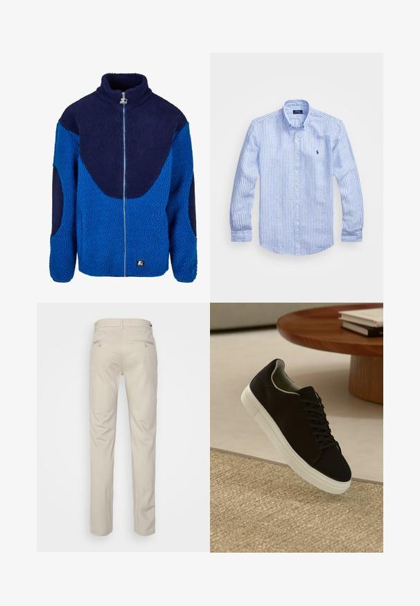 Sininen ja tummansininen fleece-takki, jossa on korkea kaulus, kokonainen etuviimeistelyvetoketju ja teksturoitu kangas. Varustettu erottuvilla suurilla paneeleilla ja brändipatchilla.; Sininen ja valkoinen raidoitettu pitkähihaisen paita, joka on valmistettu puuvillasta. Paidassa on napillinen kaulus, etunapit ja pieni kirjailtu logo rinnassa.; Beige housut, joissa on sileä pinta, suora leikkaus, kaksi nappikiinnitteistä takataskua ja normaali vyötärö.; Musta lenkkari, jossa on valkoinen pohja, kelluu vaaleanbeige texturoituneen maton yllä pyöreän puupöydän vieressä, jonka päällä on pinottu kirjoja.