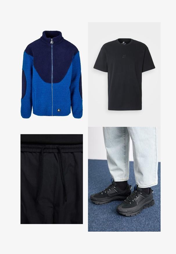 Modrá a námořnická fleecová bunda s vysokým límcem, plným předním zipem a texturovanou tkaninou. Obsahuje kontrastní velké panely a značkovou nášivku.; Černé bavlněné tričko Nike s klasickým kulatým výstřihem, krátkými rukávy a decentně vyraženým logem na hrudi. Hladký povrch.; Černé šortky s páskem na šňůrku, lehký materiál s hladkou texturou a jednoduchý design bez viditelných log nebo vzorů.; Černé sportovní boty s texturovanou tkaninou a gumovou podrážkou, s elastickými tkaničkami a modrým akcentem na patě. Nosí se s světlými džíny.