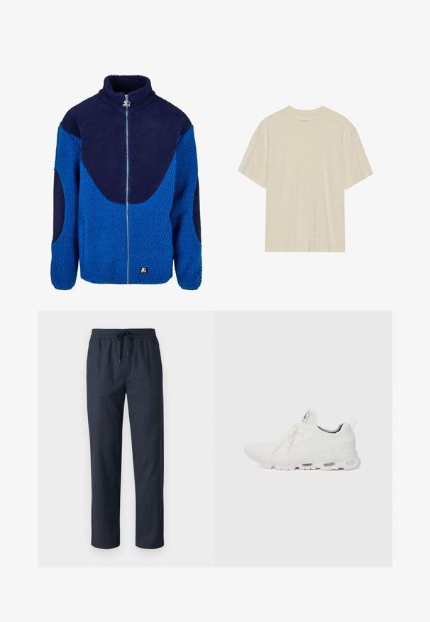 Plava i tamnoplava flis jakna s visokim ovratnikom, punim prednjim patentnim zatvaračem i teksturiranim materijalom. Ima kontrastne velike panele i markirano logotip.; Majica kratkih rukava krem boje s blagom prugastom teksturom i okruglim izrezom, izrađena od lagane tkanine.; Only & Sons ONSSINUS LOOSE FIT - Hlače - dark navy; Bijele atletske tenisice s gornjim dijelom od teksturiranog pletenog materijala, ravnim vezicama i jastučićem u potplatu s vidljivim zračnim komorama radi dodatne potpore.
