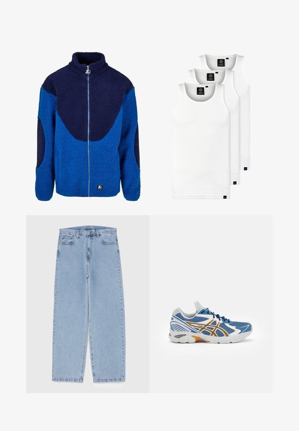 Jachetă din fleece albastră și bleumarin, cu guler înalt, fermoar pe toată lungimea și material texturat. Include panouri mari în culori contrastante și un patch cu logo.; Trei maieuri albe ribbate din bumbac. Au un guler rotund și etichete negre mici lângă tiv. Disponibile în mai multe mărimi.; Jeans din denim de culoare albastru deschis, cu un design cu picioare drepte, având talie medie, cinci buzunare și un sistem de închidere cu nasture și fermoar.; Pantof sportiv albastru cu parte superioară din plasă, accente albe și portocalii, talpă intermediară cu amortizare și talpă exterioară din cauciuc texturat. Dispune de un design cu șireturi.