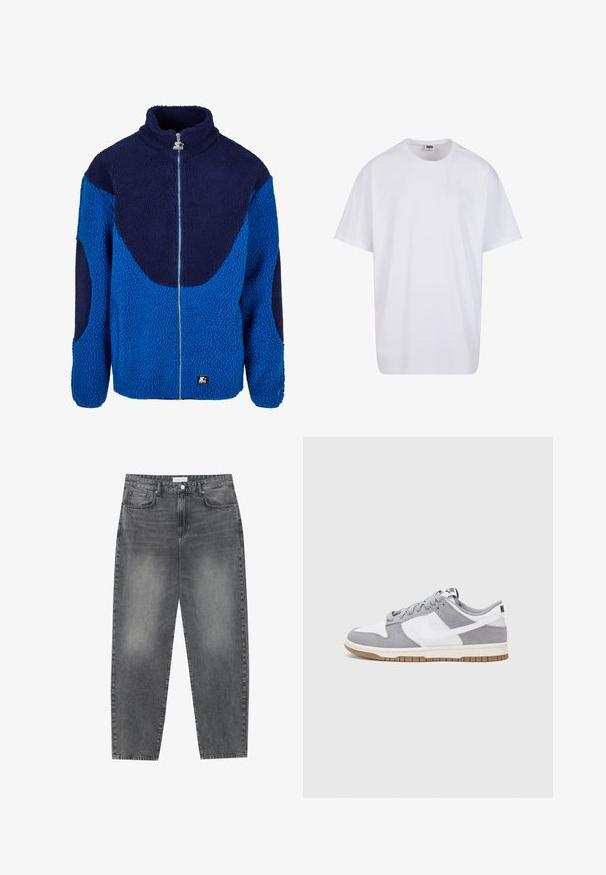 Kék és sötétkék bolyhos dzseki magas gallérral, teljes elülső cipzárral és texturált anyagból. Kontrasztos nagy panelek és márkázott felvarró található rajta.; Fehér pamut póló rövid ujjal, kerek nyakú, laza szabású, és nincsenek látható logók vagy minták. Simább textúra és minimalista dizájn.; Magasan szabott, bővebb szabású farmernadrág fakó fekete denim anyagban. Öt zsebbel, övhurkokkal és tiszta, egyenes lábszár dizájnnal rendelkezik.; A Nike tornacipők szürke velúr és fehér bőr felsőrésszel rendelkeznek, perforációkkal, kerek fűzőkkel és gumitalppal a tapadás érdekében.