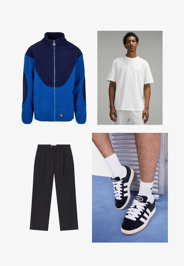 Sininen ja tummansininen fleece-takki, jossa on korkea kaulus, kokonainen etuviimeistelyvetoketju ja teksturoitu kangas. Varustettu erottuvilla suurilla paneeleilla ja brändipatchilla.; Valkoinen puuvillapaita, jossa on lyhyet hihat, pyöreä kaula-aukko ja väljä malli. Suuri pinta, yksinkertainen muotoilu, ei näkyviä kuvioita tai yksityiskohtia.; Tummansinisiä räätälöityjä housuja, joissa on korkea vyötärö, kaksi etupleittiä, nappikiinnitys ja suorat lahkeet sileästä kankaasta.; Mustat mokkasneakersit, joissa on valkoiset nauhat ja kolme valkoista raitaa. Kengissä on ympyrän muotoinen musta logo kielen päällä ja kuminen pohja.