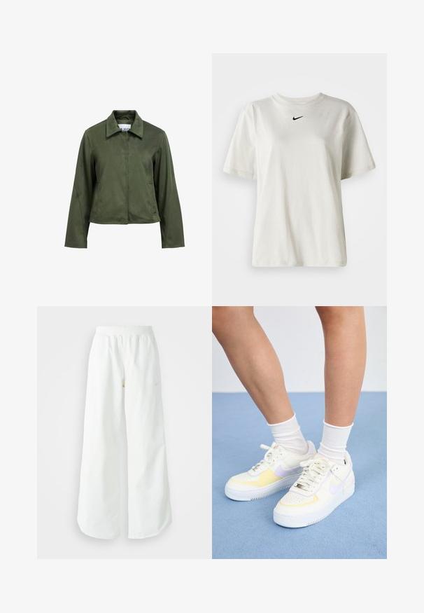 Olivinės spalvos zomšos tekstūros trumpa striukė su ilgomis rankovėmis, priekyje užtrauktukas, apykaklė ir šoninės kišenės.; Balta medvilnė marškinėliai su apvaliu kaklu ir trumpomis rankovėmis. Priekyje yra mažas juodas Nike logotipas. Paprastas ir nepuošnus dizainas.; Balti sportiniai keliai su platėjančiomis kojomis, su įtemptu juosmeniu ir subtilia logotipo detale. Lygus audinys, laisvas kirpimas ir siaurėjantis apatinis kraštas.; Baltos odinės sportbačiai su geltonais ir levandų akcentais, apvaliu pirštu, plokščiomis raišteliais ir tekstūruota guma. Dėvimi su baltais kojinėmis.