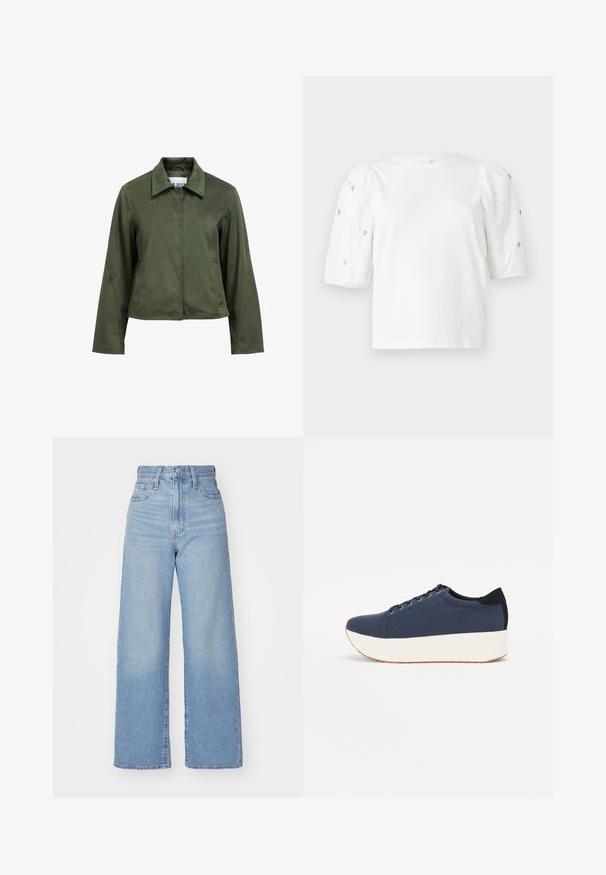 Olive green, suede-textured cropped jacket with long sleeves, front zipper, collar, and side pockets.; White cotton t-shirt with short puff sleeves, featuring small silver embellishments along the sleeves. Classic round neckline, relaxed fit.; Light blue high-waist wide-leg jeans with front button and zip closure, front and back pockets, on a white background.; Navy blue sneaker with a textured fabric upper, white platform sole, rounded toe, and black heel accent. Features six eyelets for laces.